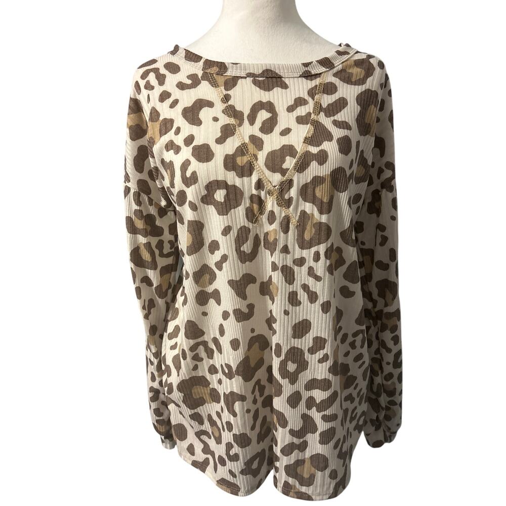 Hopely Boutique Leopard Top Brown and Cream Size Large Stitching‎ Ribbed NWOT